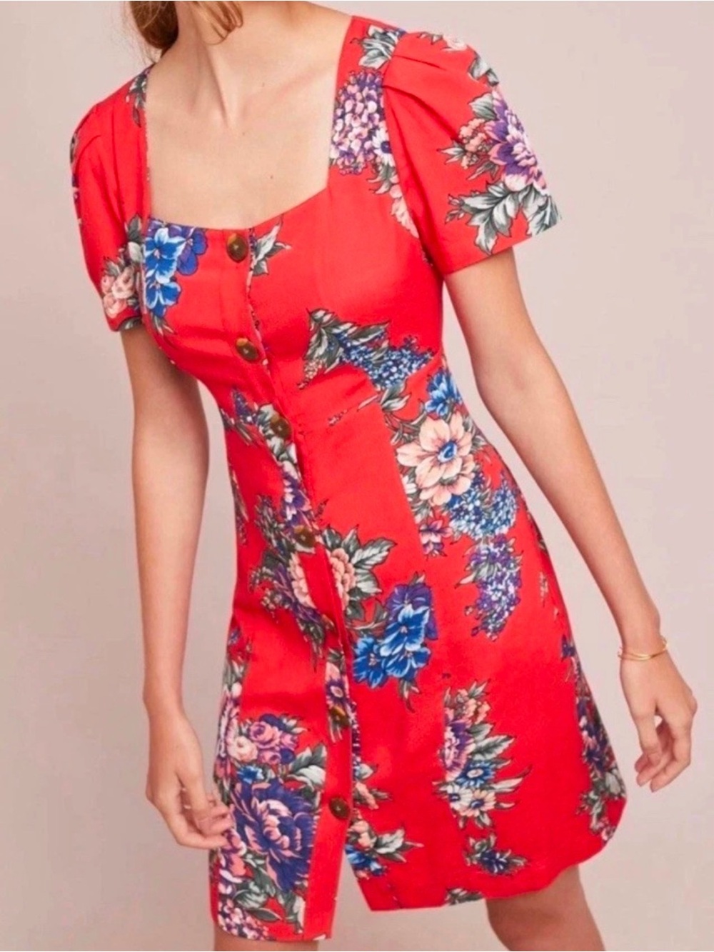 Anthropologie Maeve Caldwell Buttondown Floral Dress Red
